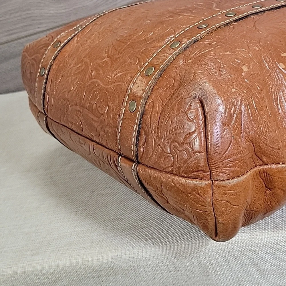 Patricia Nash Talloria Tooled Brown Leather Tote Shoulder Bag Handbag Purse